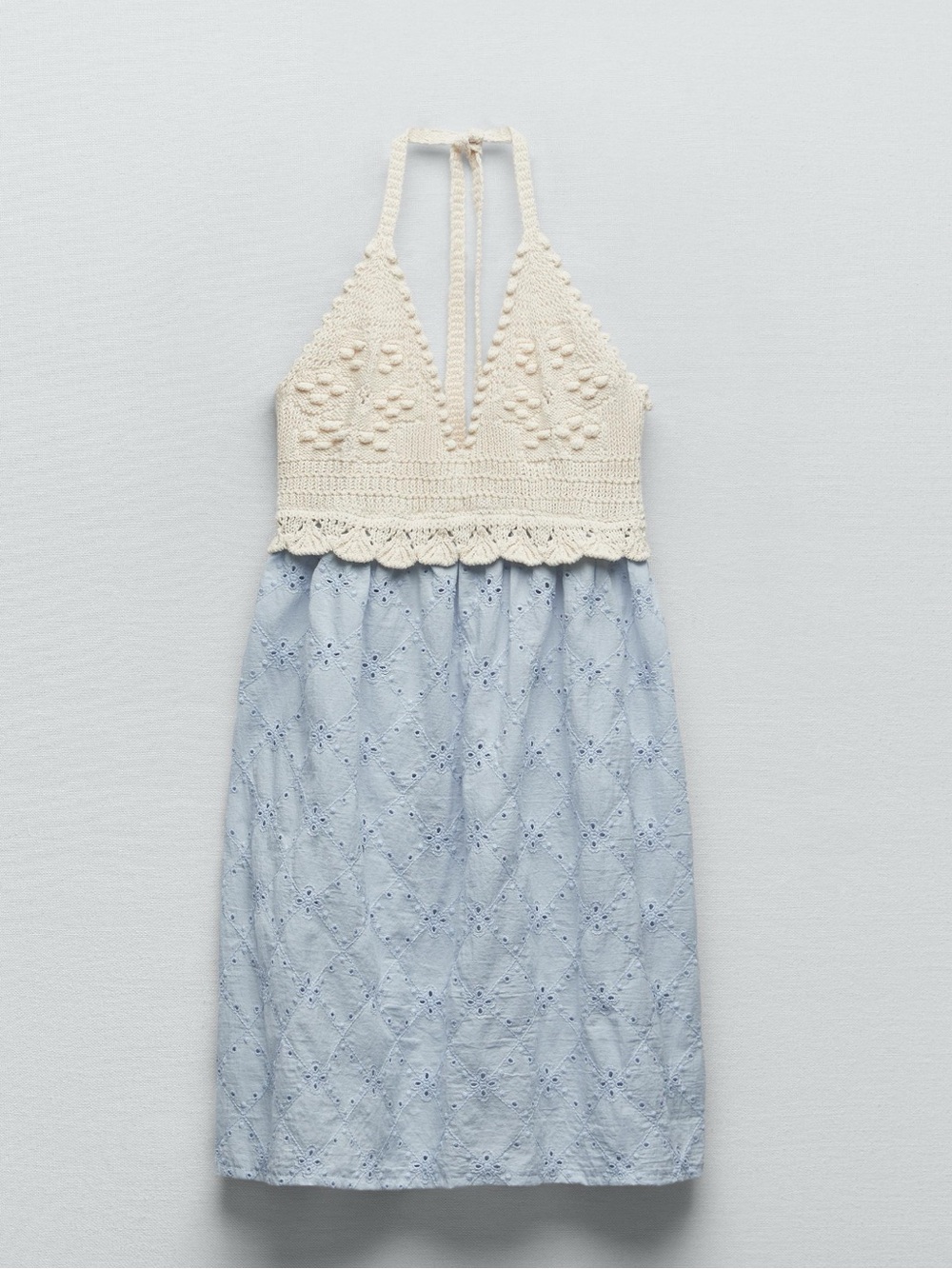 Zara Cream Crochet Halter with Light Blue Eyelet Skirt Dress